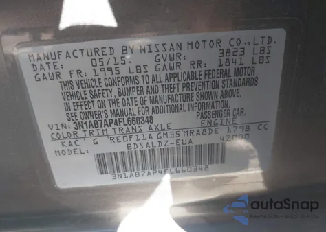 2015 Nissan Sentra Fe+ S/S/Sl/Sr/Sv from USA, damaged, VIN 3N1AB7AP4FL660348